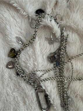Free People Silver-Tone Braided Charm Bracelet with Green Glass Accent